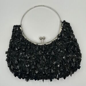 Black Jewel & Sequin Wristlet Kiss Lock Evening Party Purse Prom Sex & The City